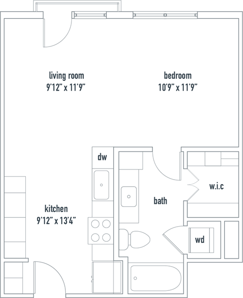 Sierra Floorplan Studio 1 bath 572 sq ft The Darmouth North Hills Apartments Raleigh NC 27609