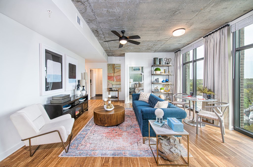 Model Living room at Deca Apartments, Greenville, SC, 29601