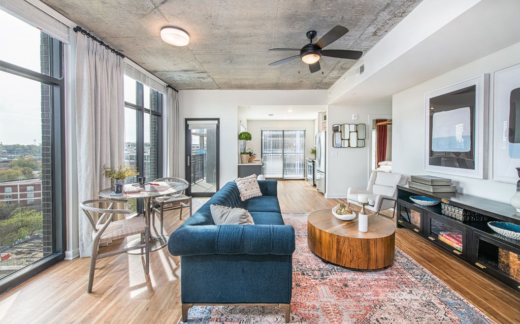 Model Living room1at Deca Apartments, Greenville, SC