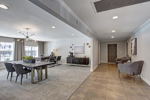 A spacious living room with a dining table at Dunwoody Glen, Atlanta Georgia