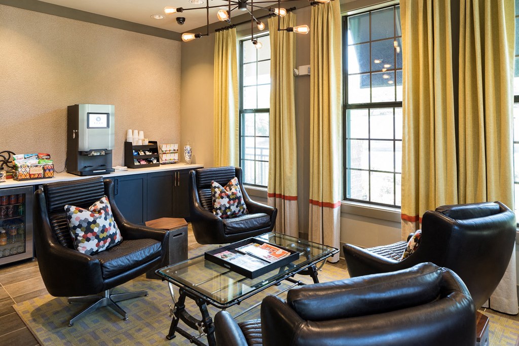 Cyber Cafe with Coffee Station and Work Areas for Residents at Echo at North Pointe Center Apartment Homes, Alpharetta, GA 30009