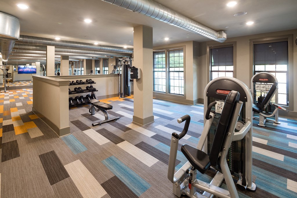 Fitness Center with Cardio, CrossFit & Yoga Components at Echo at North Pointe Center Apartment Homes, Alpharetta, GA 30009