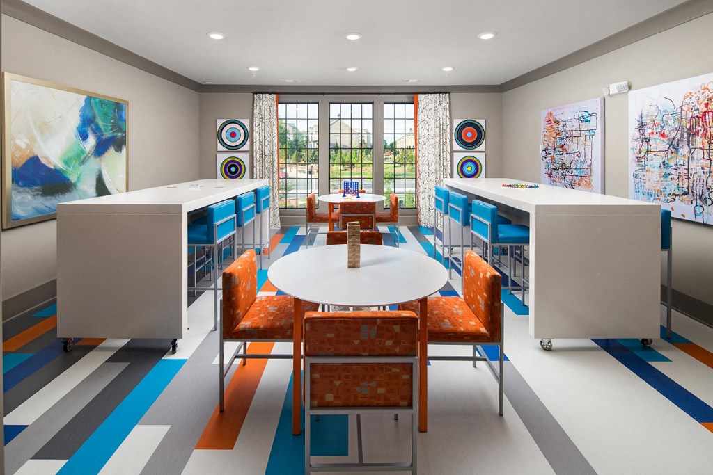 Exclusive Members Lounge with Shuffleboard, Card Tables, Kitchen & Fireplace at Echo at North Pointe Center Apartment Homes, Alpharetta, GA 30009