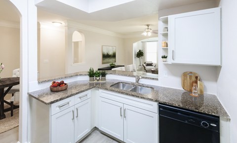 A kitchen with white cabinets and a black dishwasher.