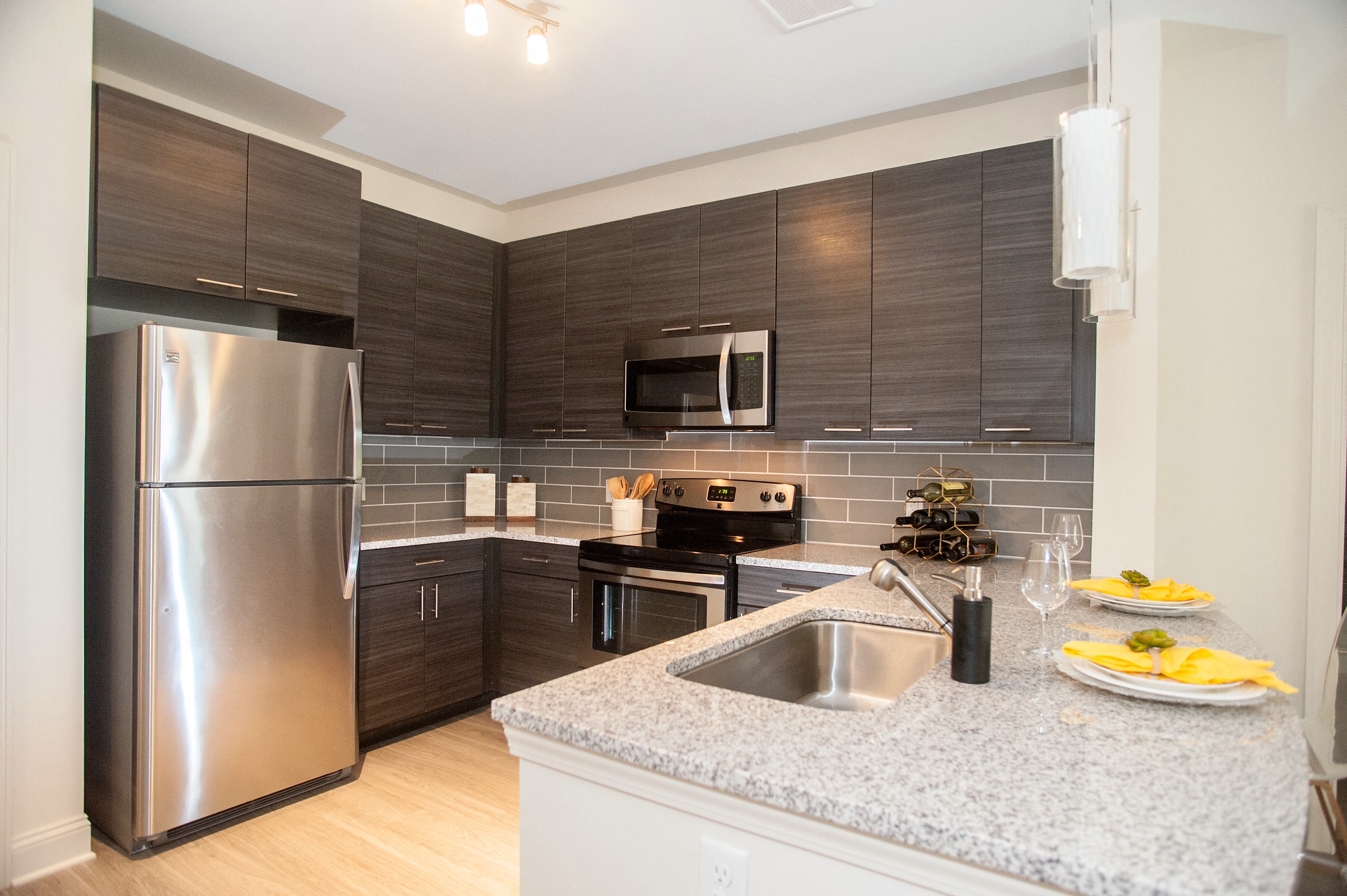 Model kitchen counters at Fifth Street Place Apartments, Virginia, 22903