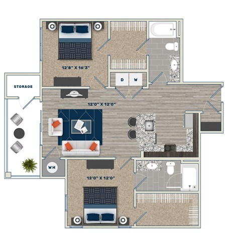 B2C Floor Plan at Fifth Street Place Apartments, Charlottesville, VA, 22903