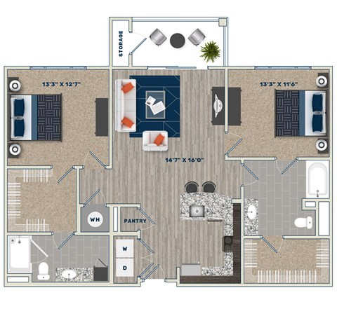 B2D Floor Plan at Fifth Street Place Apartments, Charlottesville, VA