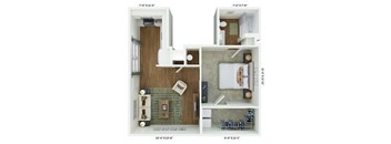 a stylized floor plan with a bedroom and a living room