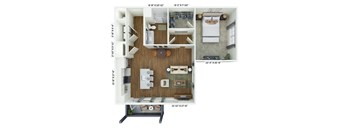 a stylized floor plan with a bedroom and a living room