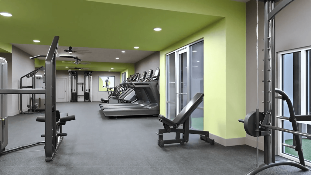 a gym with weights and windows and green walls