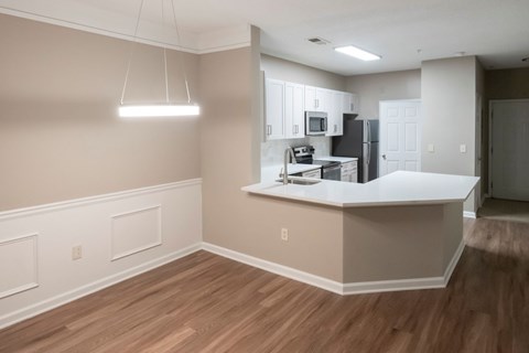 A kitchen area with a counter and cabinets.