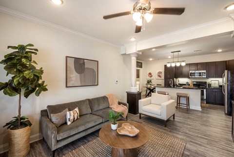 a living room with a couch and a table