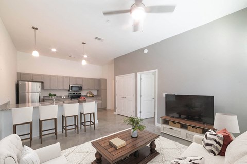 A modern living room with a kitchen area in the background.