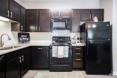 a black and white kitchen with black appliances and black cabinets at Legends at Chatham Apartments, Savannah