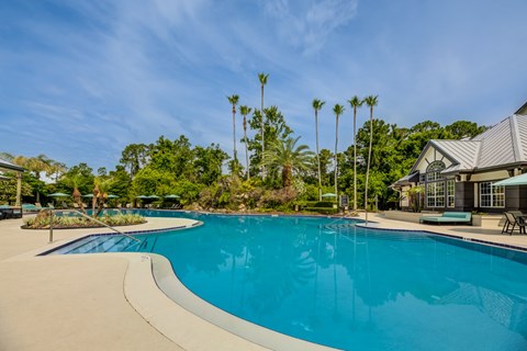 A large swimming pool surrounded by palm trees and a building.