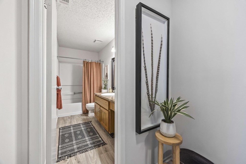 A bathroom with a plant on a stool at Pointe Royal, Kansas, 66213