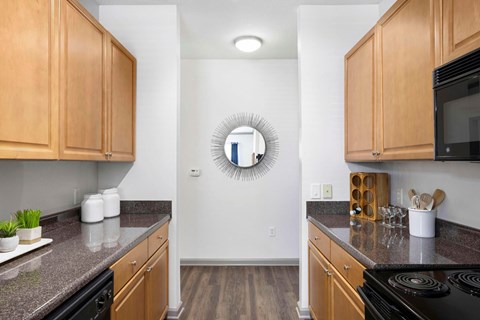 kitchen with wooden cabinets at The Shallowford Apartments, Chattanooga Tennessee