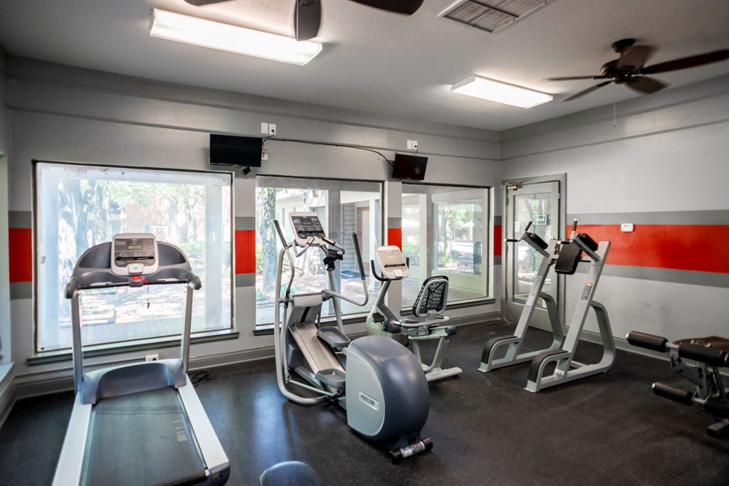 a gym with various exercise equipment and windows at The Summit Apartments, Memphis, TN, 38128