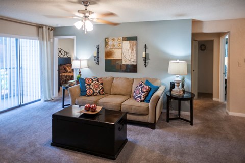 a living room with a couch and a coffee table