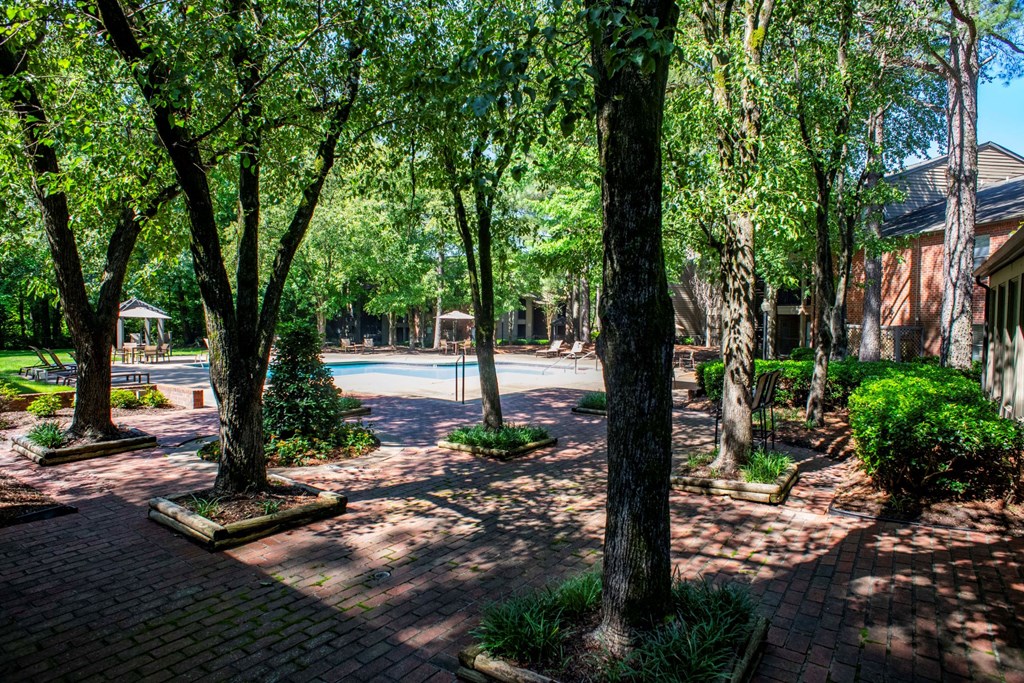 a view of a yard with trees and a swimming pool at The Summit Apartments, Memphis