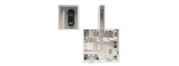 A car is parked in a garage attached to a house.