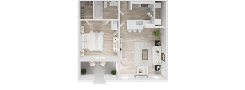 A top-down view of a modern bathroom with a shower, toilet, sink, and a small kitchenette.
