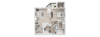 A top-down view of a house layout with a kitchen, living room, and bathroom.