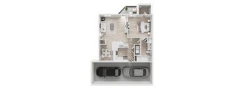 A detailed 3D floor plan of a house with a garage.