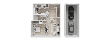 A top-down view of a house interior and a car in a garage.