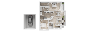 A top-down view of a house interior with a car in the garage.