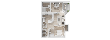 A top-down view of a house layout with a kitchen, living room, and bedrooms.
