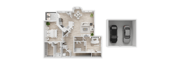 A top-down view of a house layout with a garage.