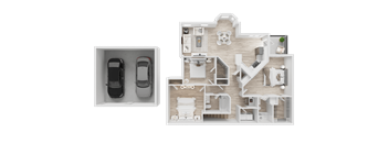 A model of a house with a garage for two cars.
