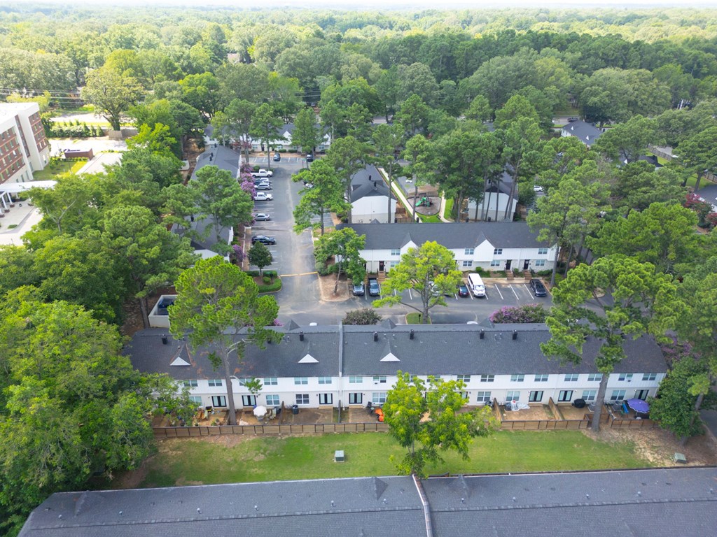 A bird's eye view of a residential area with houses and trees.