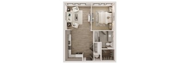 a stylized floor plan with a bedroom and a bathroom