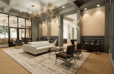A modern living room with a white sofa and wooden chairs.
