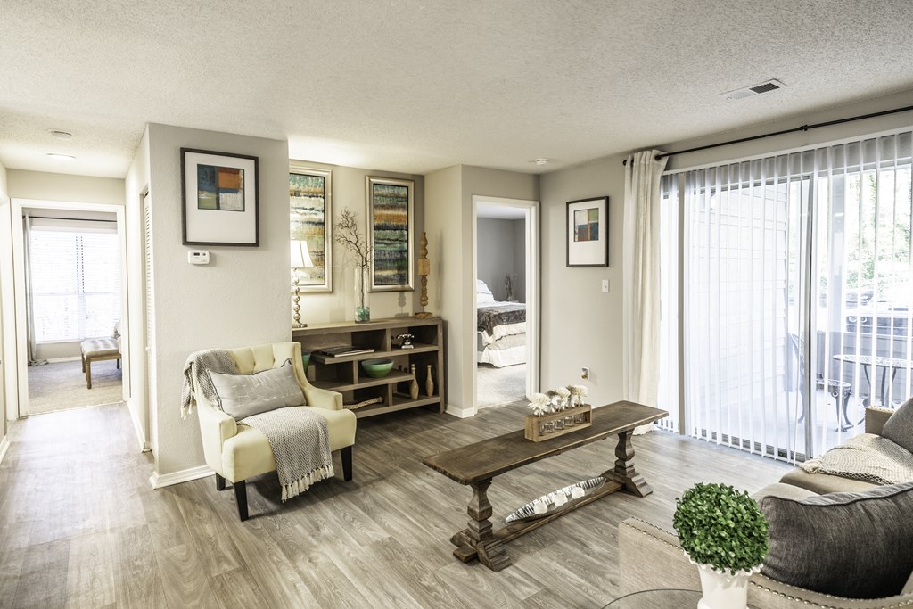 Open Concept Living Room with Patio at Grove Point, Norcross, GA, 30093