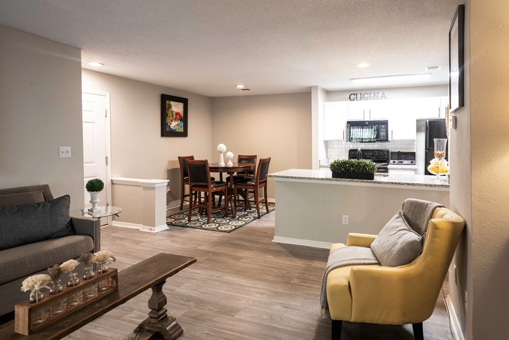 Living room overlooking kitchen and dining room at Grove Point, Georgia