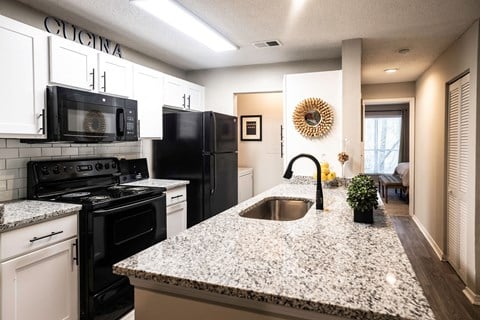 Modern Kitchen with Granite Countertops and Black Appliances  at Grove Point, Norcross, GA, 30093