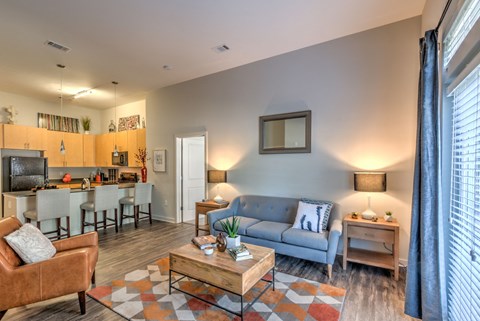A living room with a grey couch, a brown armchair, and a coffee table.