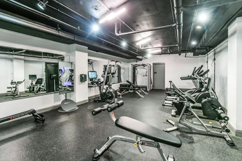A gym with a variety of equipment including treadmills, weights, and exercise machines.at Iris Luxury Apartments, Memphis, TN