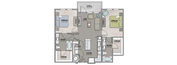 2 Bedroom 2 Bath A Floor Plan at The Jamestown Apartment Flats, Richmond