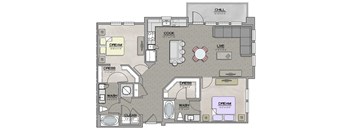 2 Bedroom 2 Bath B Floor Plan at The Jamestown Apartment Flats, Virginia
