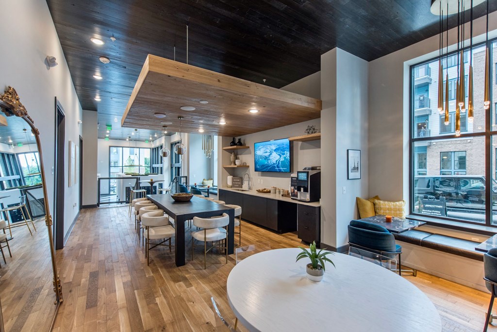 Clubhouse kitchen and sitting at The Jamestown Apartment Flats, Richmond