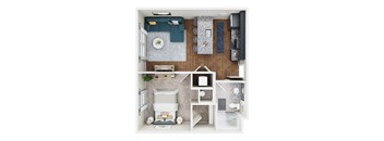 a stylized floor plan of a 1 bedroom310 sqft apartment