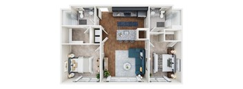 a 3d floor plan of a bedroom with furniture and a living room