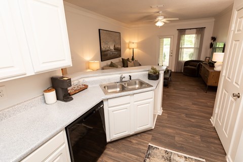 A kitchen with white cabinets and a black dishwasher.