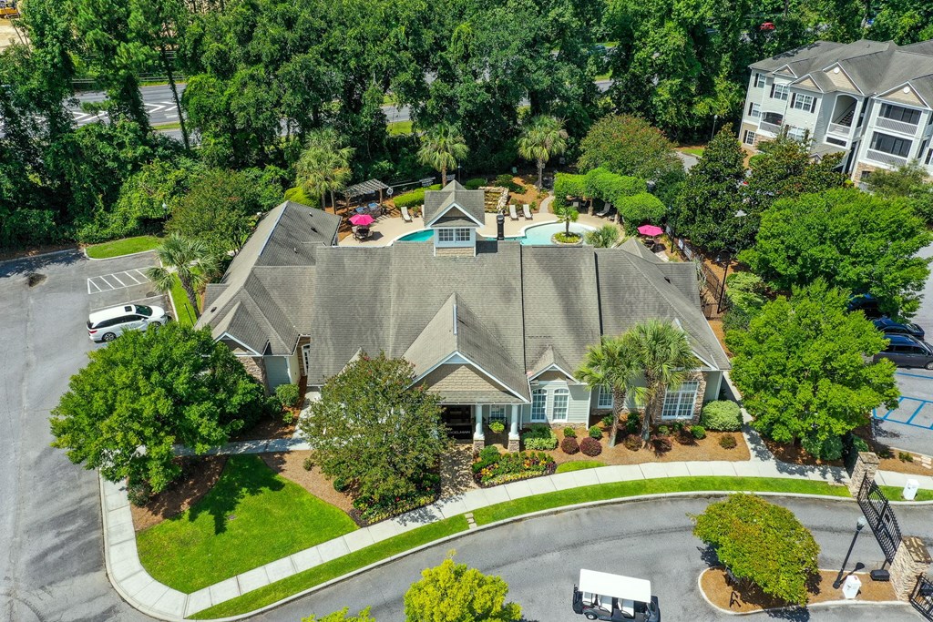 Aerial view of clubhouse  at Legends at Charleston Park Apartments, North Charleston, SC, 29420