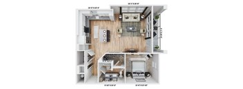 a stylized floor plan with a bedroom and a living room