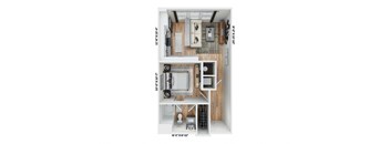 a stylized floor plan of a house with a bedroom and a living room